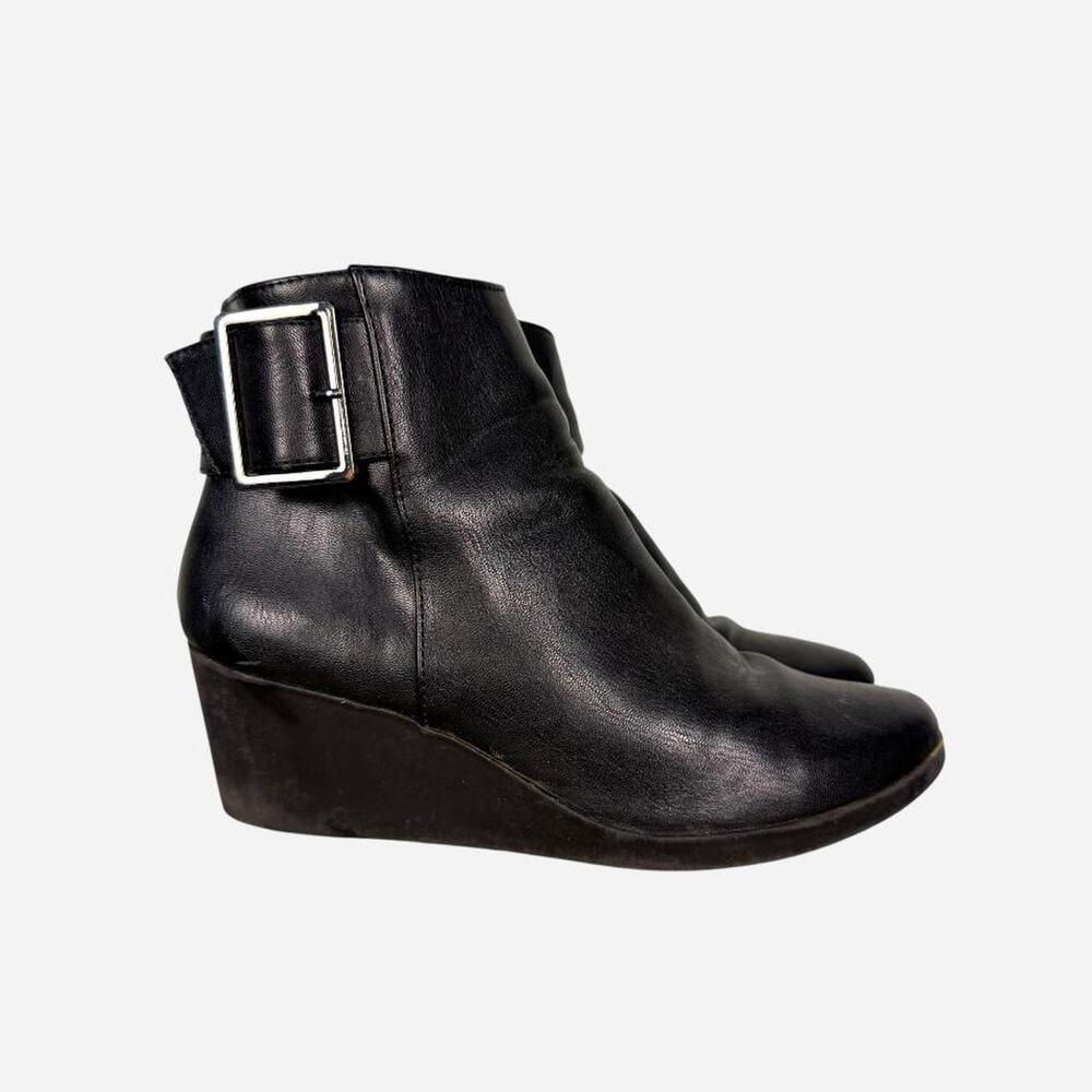 Black leather wedge ankle boots silver buckle size 6.5 women’s